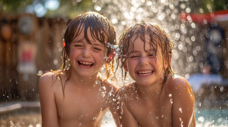 Two young children are playing in a sprinkler together, AIの素材