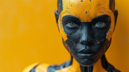 A close up of a robot with black and yellow paint on it, AIの素材
