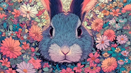 A rabbit is surrounded by flowers in a colorful background, AIの素材