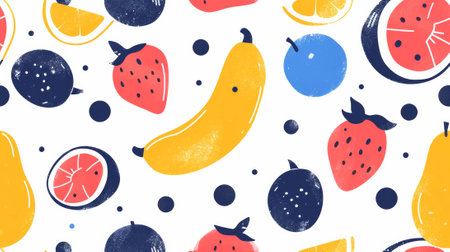 A pattern of a fruit themed fabric with bananas, strawberries and blueberries, AIの素材