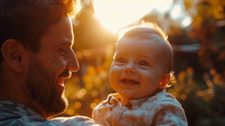 A man smiling at a baby while holding him in his arms, AIの素材