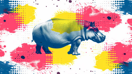 A hippo is shown in a colorful pattern on an abstract background, AIの素材