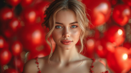 A woman with red hair and a flower in her hand, AIの素材