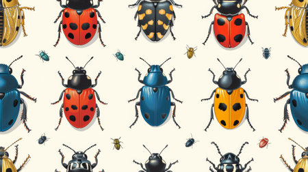 A pattern of a bunch of different colored ladybugs on white, AIの素材