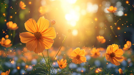 A field of flowers with sun shining through them and some stars, AIの素材