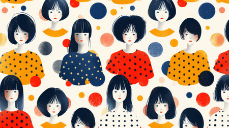A pattern of a woman with different hair colors and polka dots, AIの素材