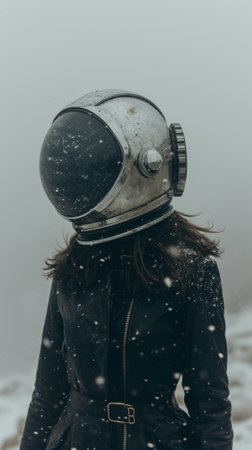 A woman wearing a space helmet in the snow, AIの素材