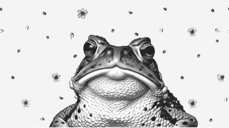 A black and white photo of a frog with flowers around it, AIの素材