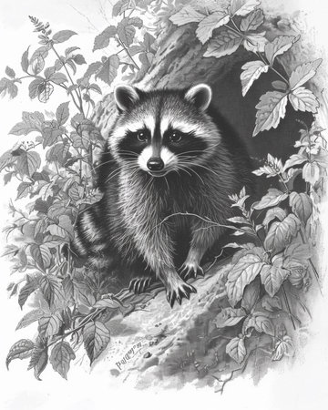 A black and white drawing of a raccoon in the woods, AIの素材