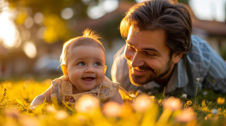 A man and a baby laying in the grass smiling, AIの素材