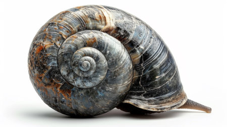A large snail with a shell on its back against white background, AIの素材