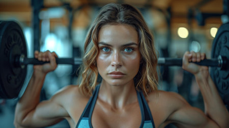 A woman lifting a barbell in the gym with her eyes closed, AIの素材