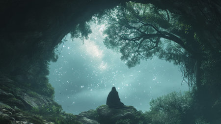 A person sitting in a cave with trees and stars, AIの素材