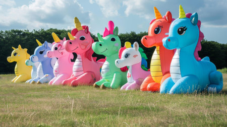 A group of inflatable unicorns are lined up in a field, AIの素材
