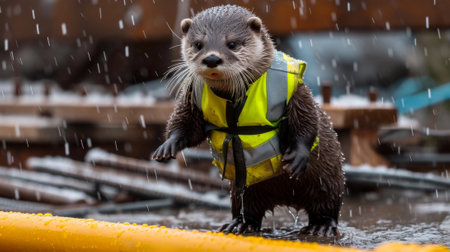 A small otter wearing a yellow vest standing in the rain, AIの素材
