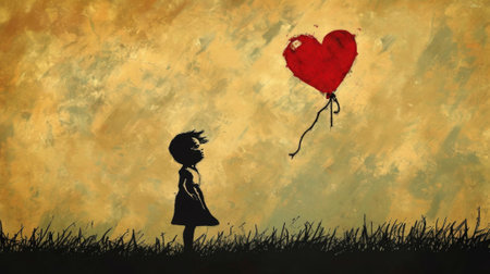 A painting of a child standing in the grass holding onto a red heart shaped balloon, AIの素材