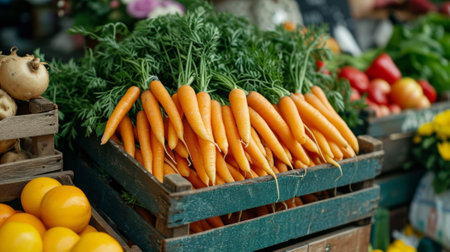 A bunch of carrots are in a wooden crate at the market, AIの素材