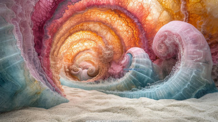 A colorful swirl of water and sand in a cave, AIの素材