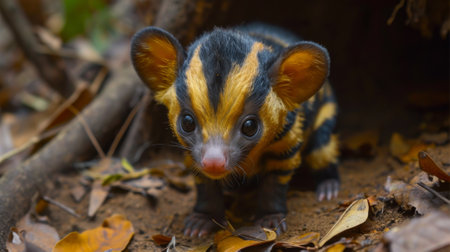 A small animal with a yellow and black face is standing in the leaves, AIの素材