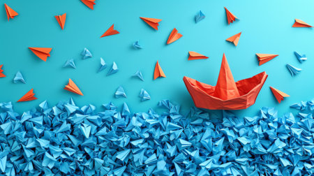 A boat made of origami paper is surrounded by many other boats, AIの素材