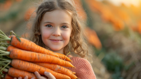 A little girl holding a bunch of carrots in her hands, AIの素材