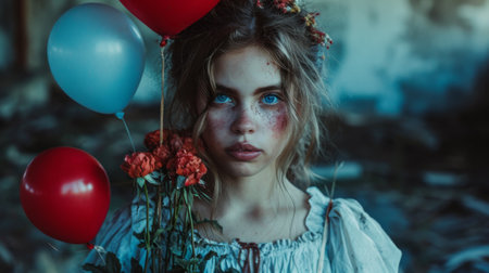 A girl with a face painted like an old painting holding flowers and balloons, AIの素材