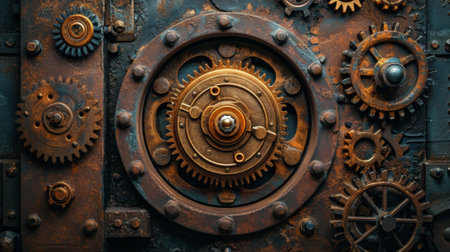 A close up of a rusty old clock with gears and wheels, AIの素材