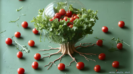 A bunch of tomatoes are arranged in a glass bowl with roots, AIの素材