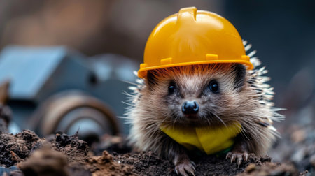 A hedgehog wearing a yellow hard hat and standing on dirt, AIの素材