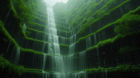 A waterfall cascading down a tall building covered in plants, AIの素材