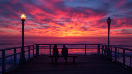 A couple sitting on a bench at the end of pier watching sunset, AIの素材