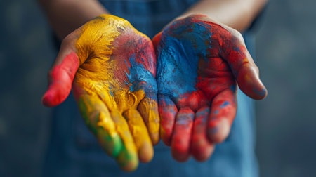 A person with their hands painted in different colors, AIの素材