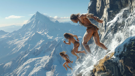 Three men are climbing up a mountain with snow on the ground, AIの素材