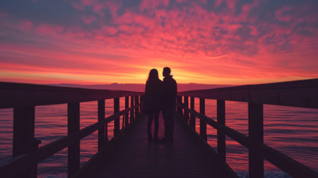 A couple standing on a pier looking at the sunset, AIの素材