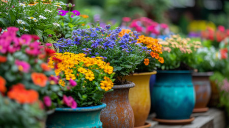 A row of colorful pots filled with flowers on a wooden shelf, AIの素材