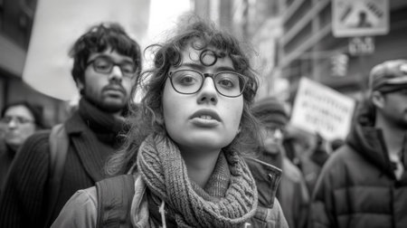 A woman with glasses and scarf standing in a crowd, AIの素材