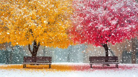 Two benches under two trees in the snow with yellow and red leaves, AIの素材