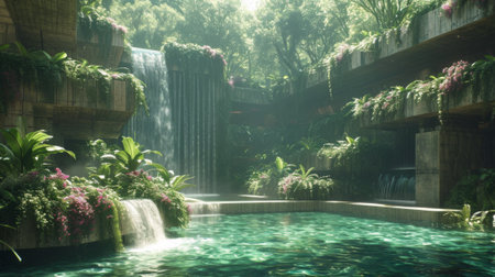 A waterfall in a lush garden surrounded by plants and trees, AIの素材