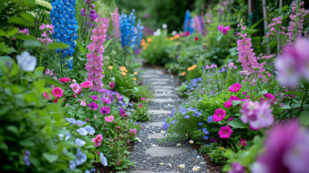 A pathway through a garden filled with colorful flowers, AIの素材