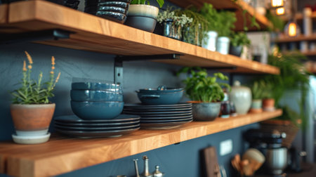 A shelf with plates and cups on it next to a plant, AIの素材