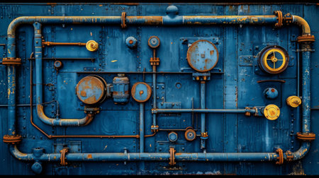 A blue and yellow pipes are on a wall with valves, AIの素材