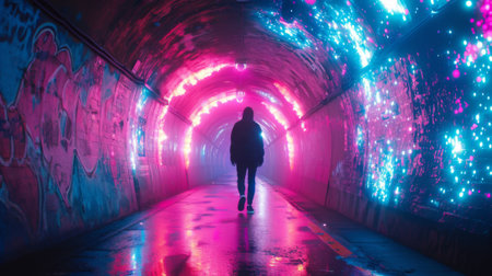 A person walking down a tunnel with neon lights and graffiti, AIの素材