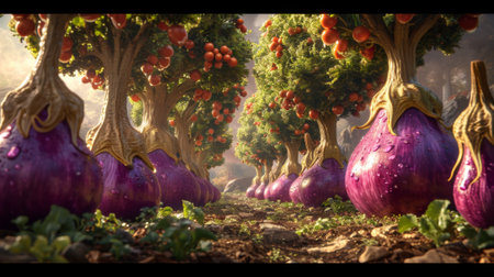 A group of vegetables are growing in a field with trees, AIの素材