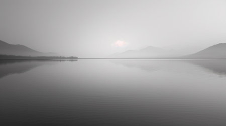 A black and white photo of a lake with mountains in the background, AIの素材