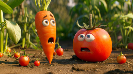 Two carrots and a tomato are in the dirt, AIの素材