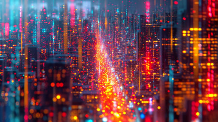 A blurry cityscape with bright lights and a street in the middle, AIの素材