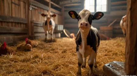 A small cow standing in a barn with hay and chickens, AIの素材
