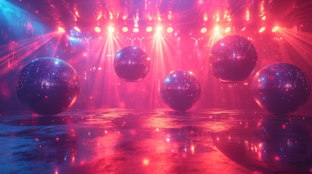 A group of shiny balls on a stage with bright lights, AIの素材