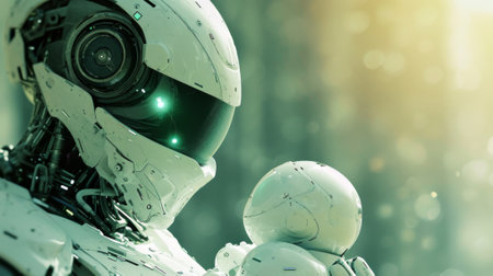 A close up of a robot holding an infant in its arms, AIの素材