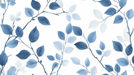 A blue and white leaves are shown on a pattern, AIの素材